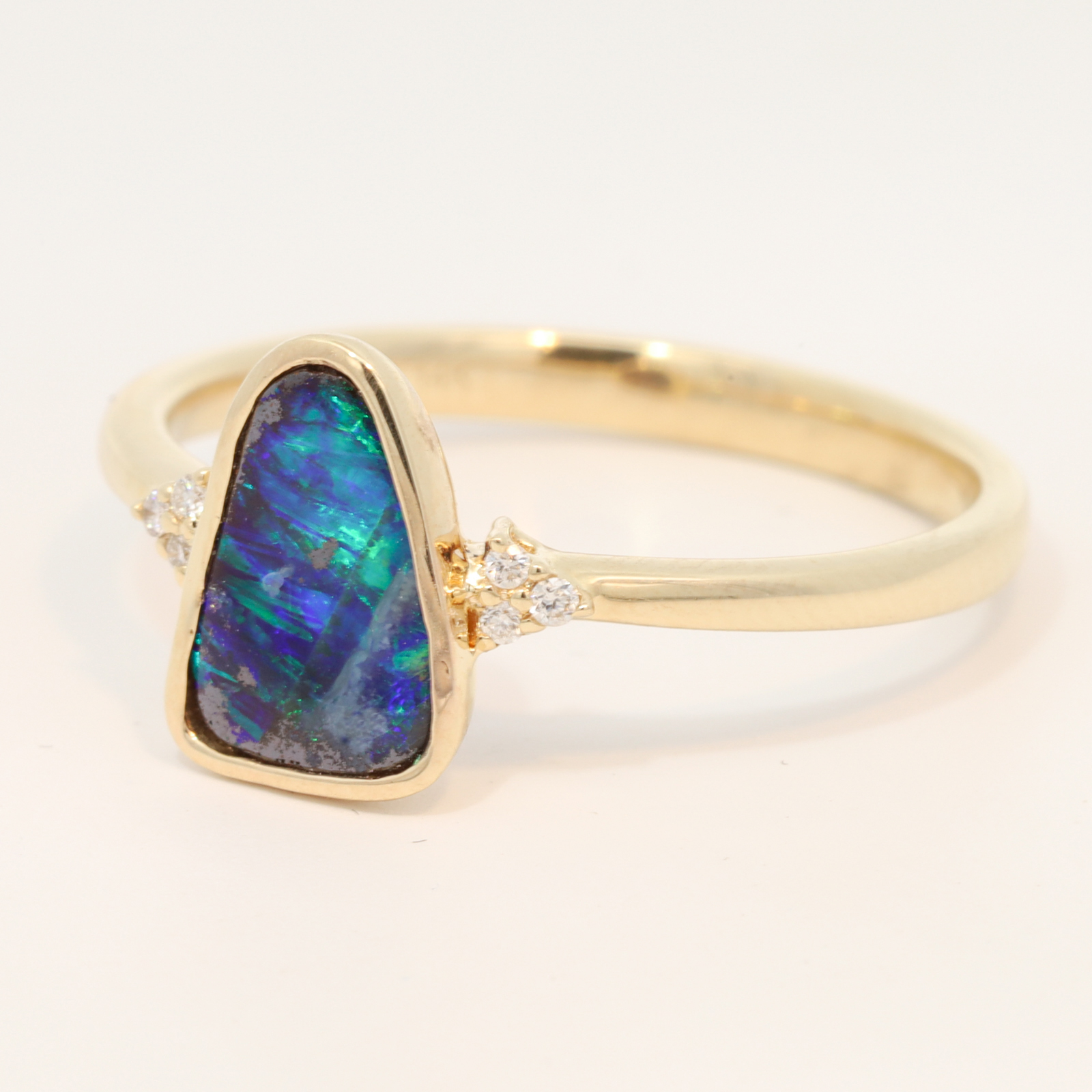 Yellow Gold Blue Green Boulder Opal and Diamond Ring