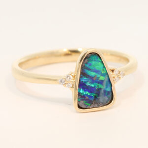 Yellow Gold Blue Green Boulder Opal and Diamond Ring
