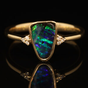 Yellow Gold Blue Green Boulder Opal and Diamond Ring