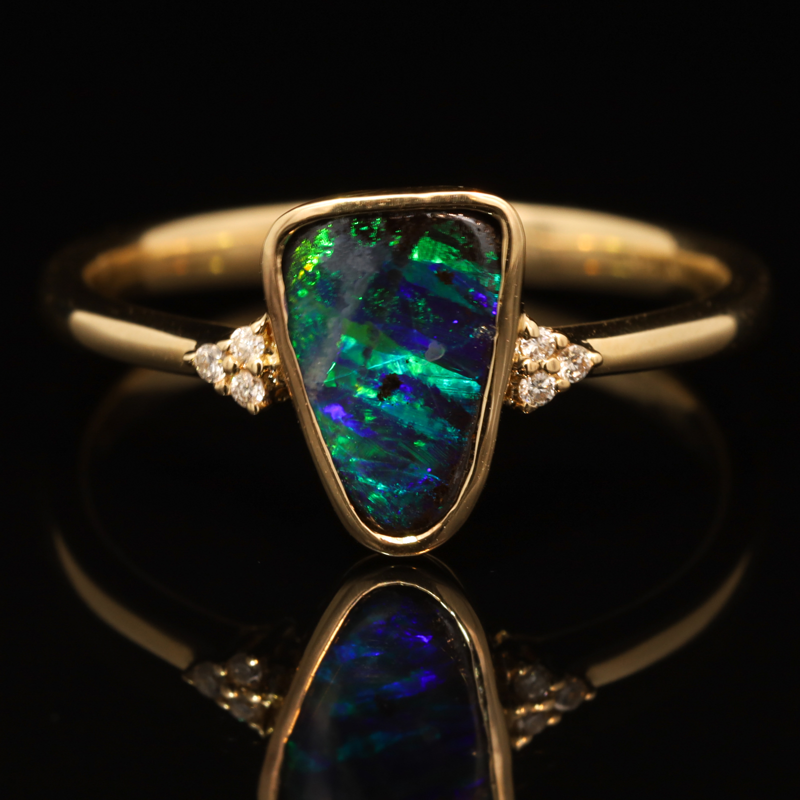 Yellow Gold Blue Green Boulder Opal and Diamond Ring