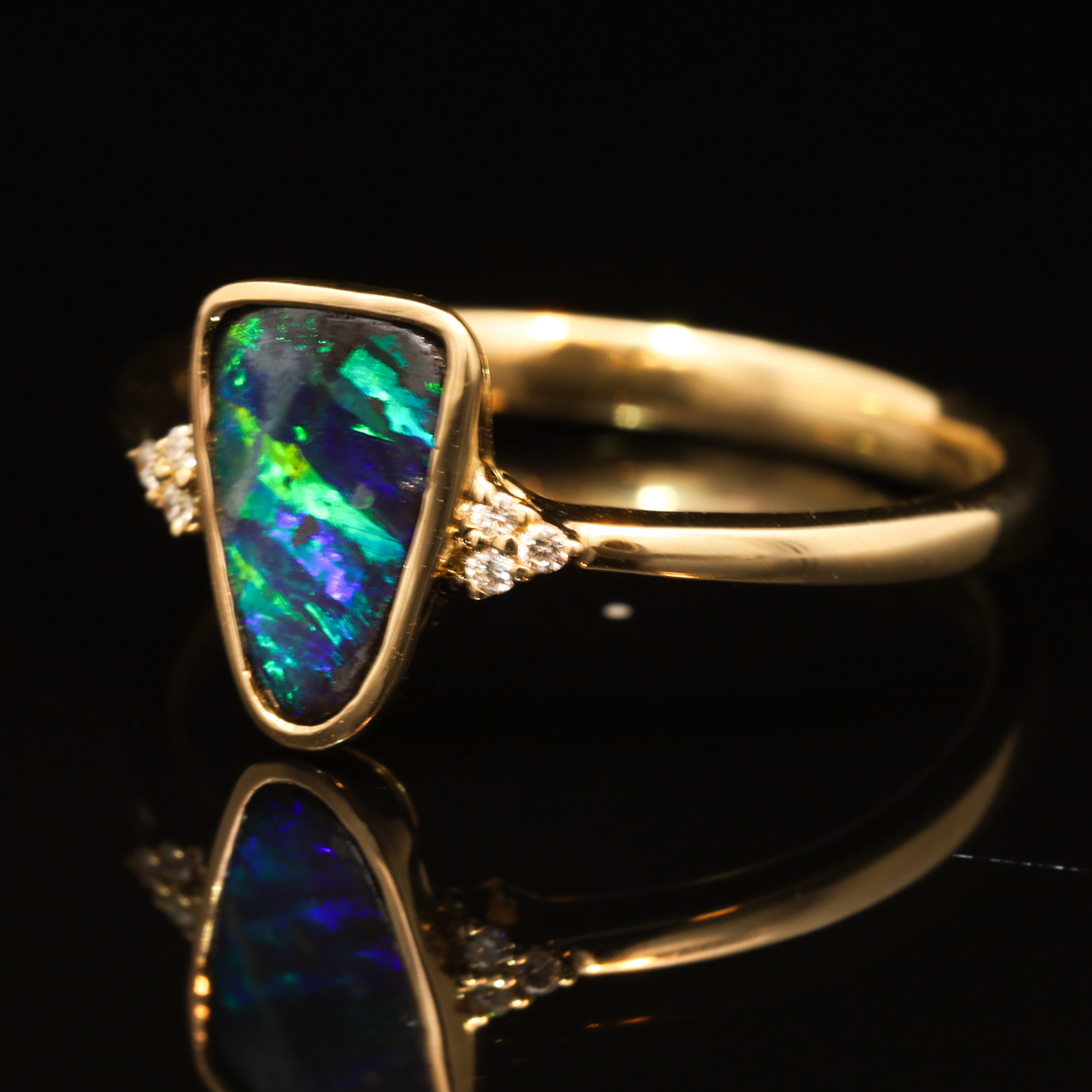 Yellow Gold Blue Green Boulder Opal and Diamond Ring
