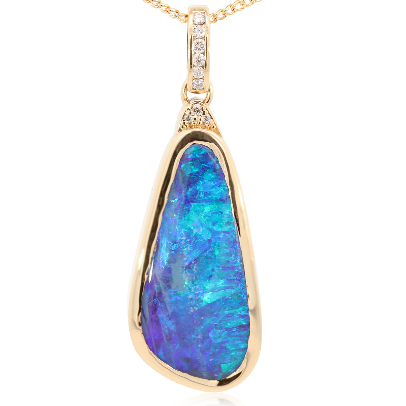 Custom Yellow Gold Blue Green Boulder Opal and Diamond Pendant