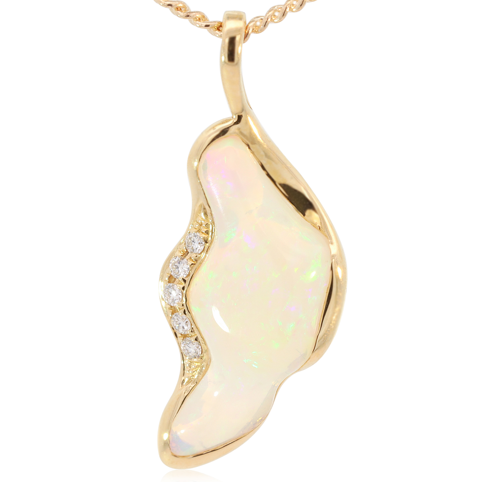 Yellow Gold Blue Green Yellow Crystal Opal and Diamond Pendant