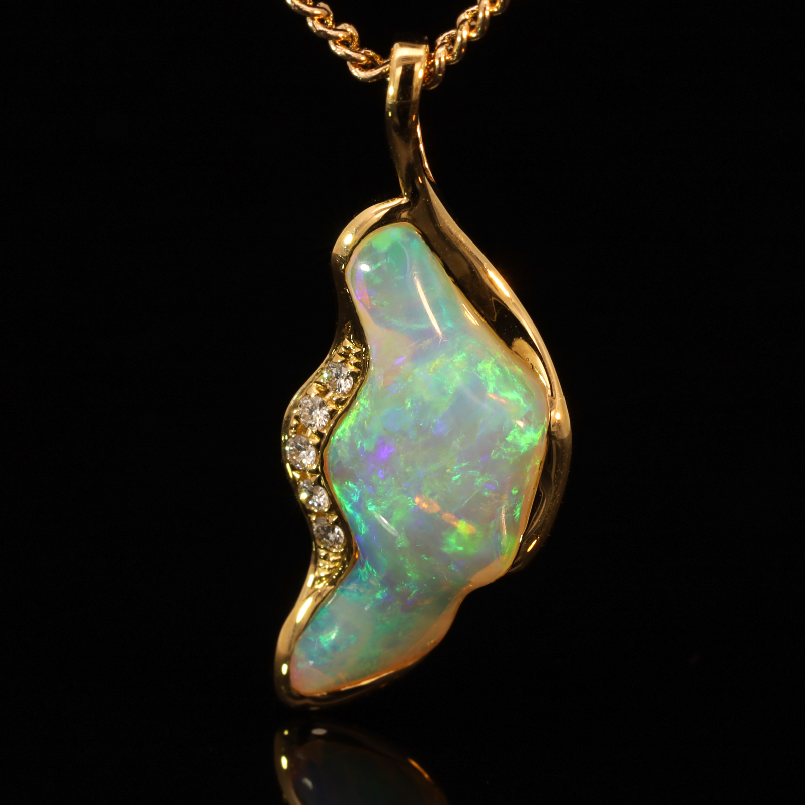 Yellow Gold Blue Green Yellow Crystal Opal and Diamond Pendant