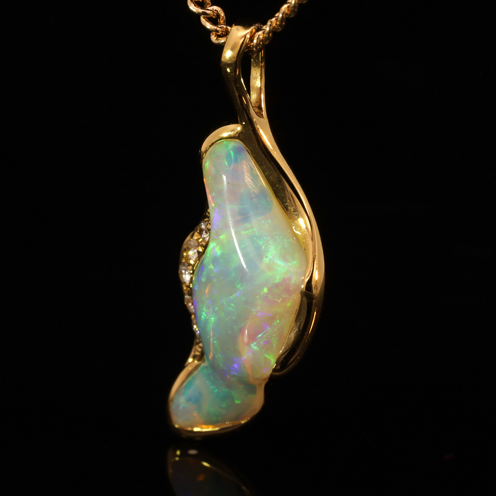 Yellow Gold Blue Green Yellow Crystal Opal and Diamond Pendant