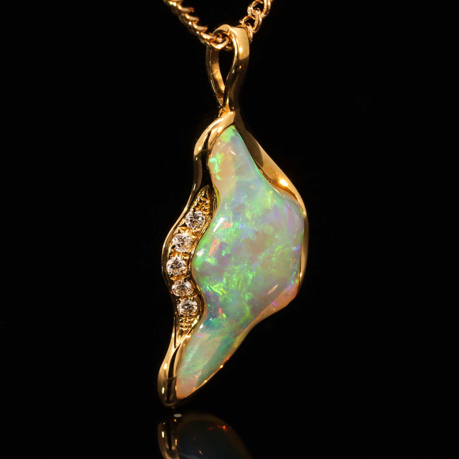 Yellow Gold Blue Green Yellow Crystal Opal and Diamond Pendant
