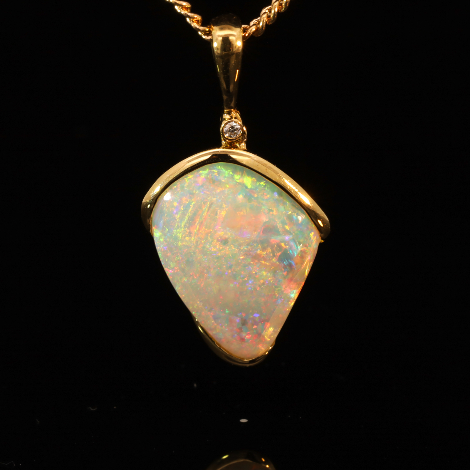 Yellow Gold Blue Green Yellow Orange Pink Crystal Opal and Diamond Pendant