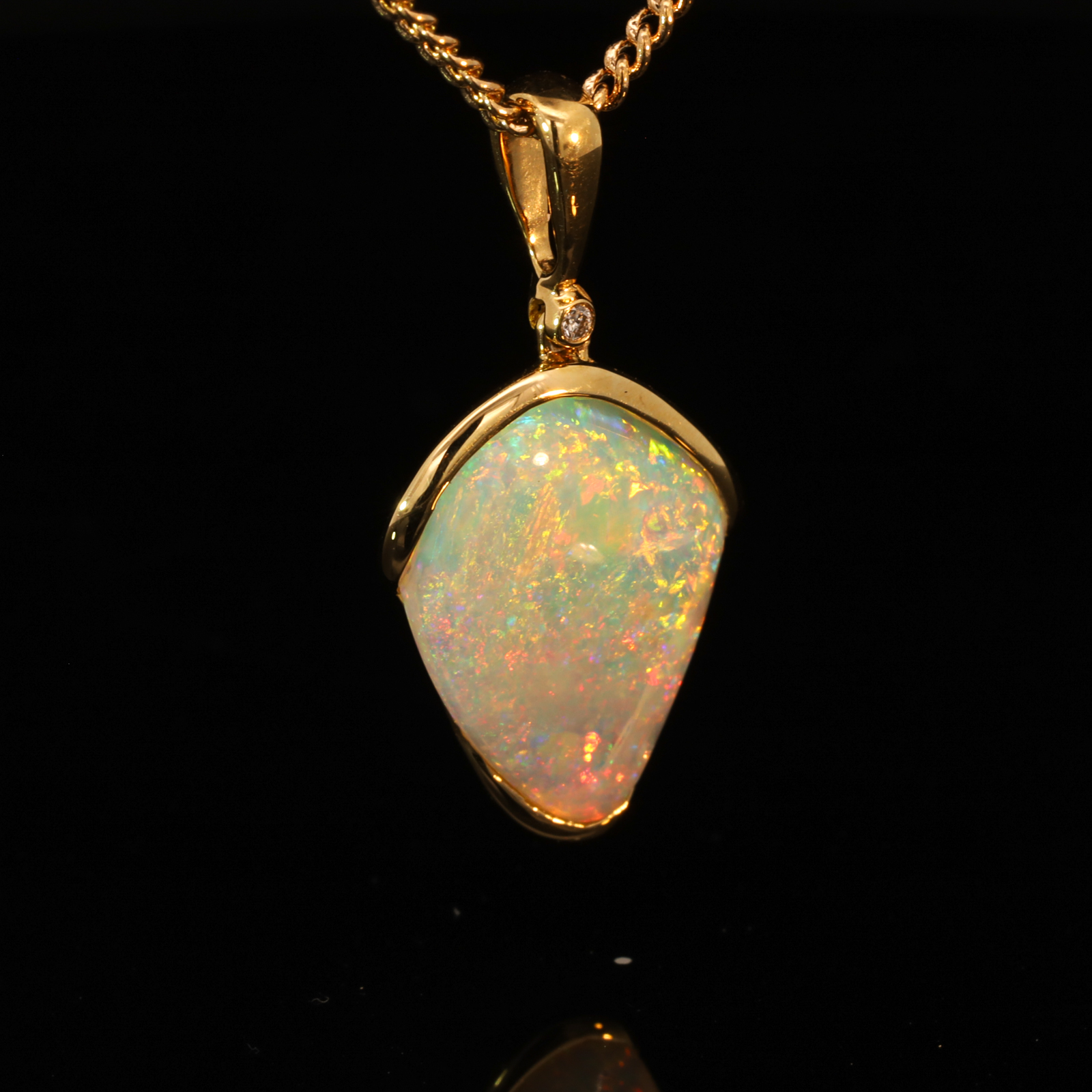 Yellow Gold Blue Green Yellow Orange Pink Crystal Opal and Diamond Pendant