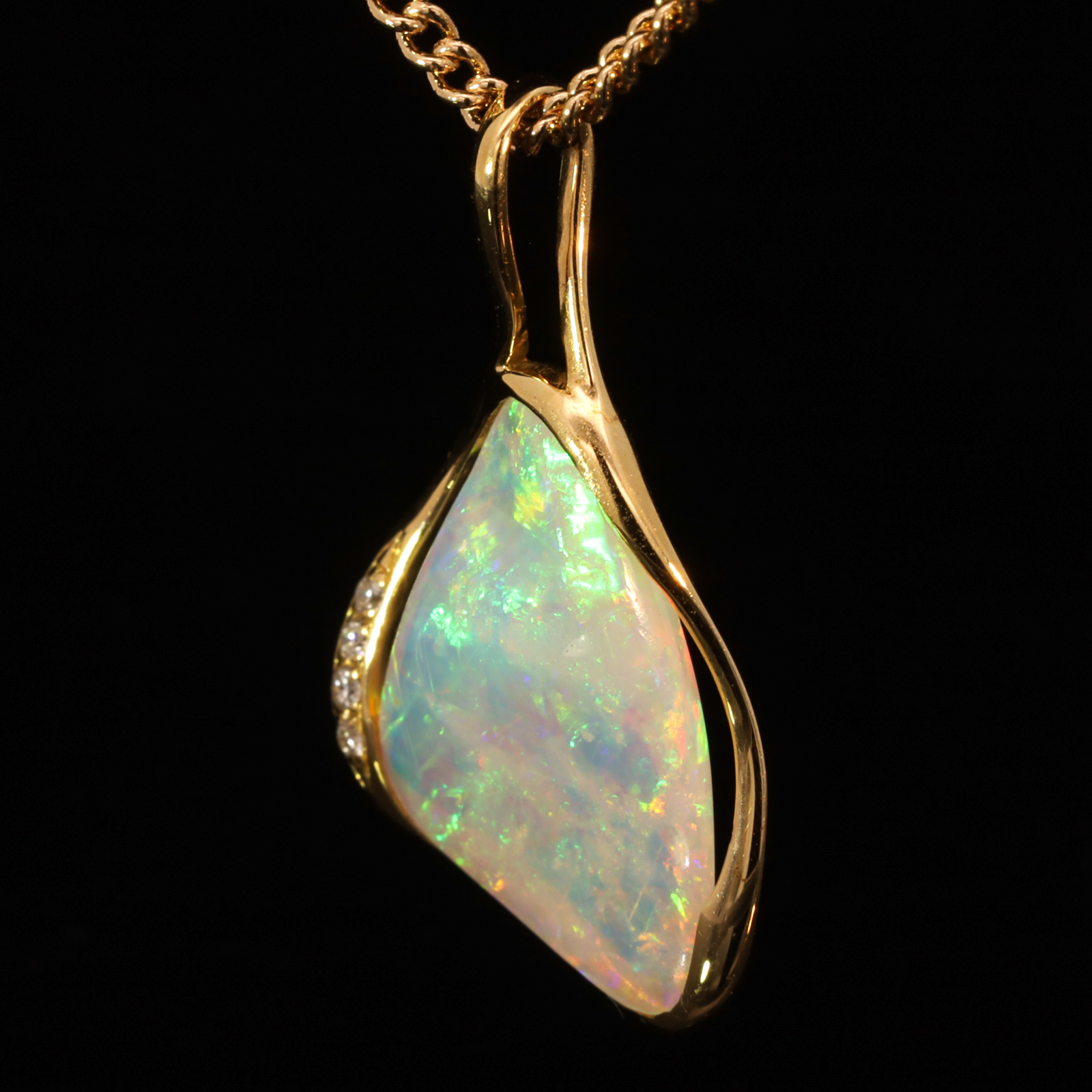 Yellow Gold Blue Green Yellow Orange Pink Crystal Opal and Diamond Pendant