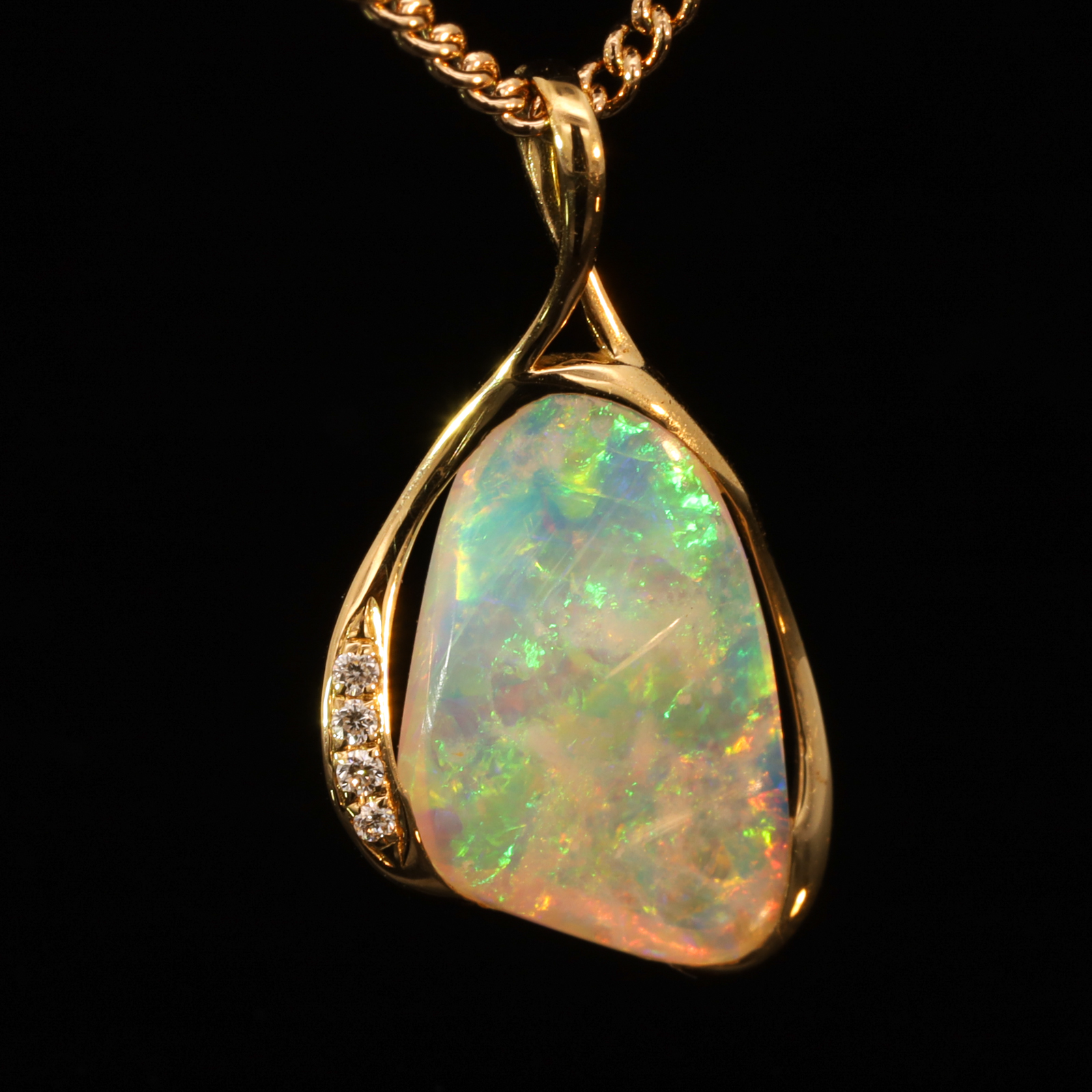 Yellow Gold Blue Green Yellow Orange Pink Crystal Opal and Diamond Pendant