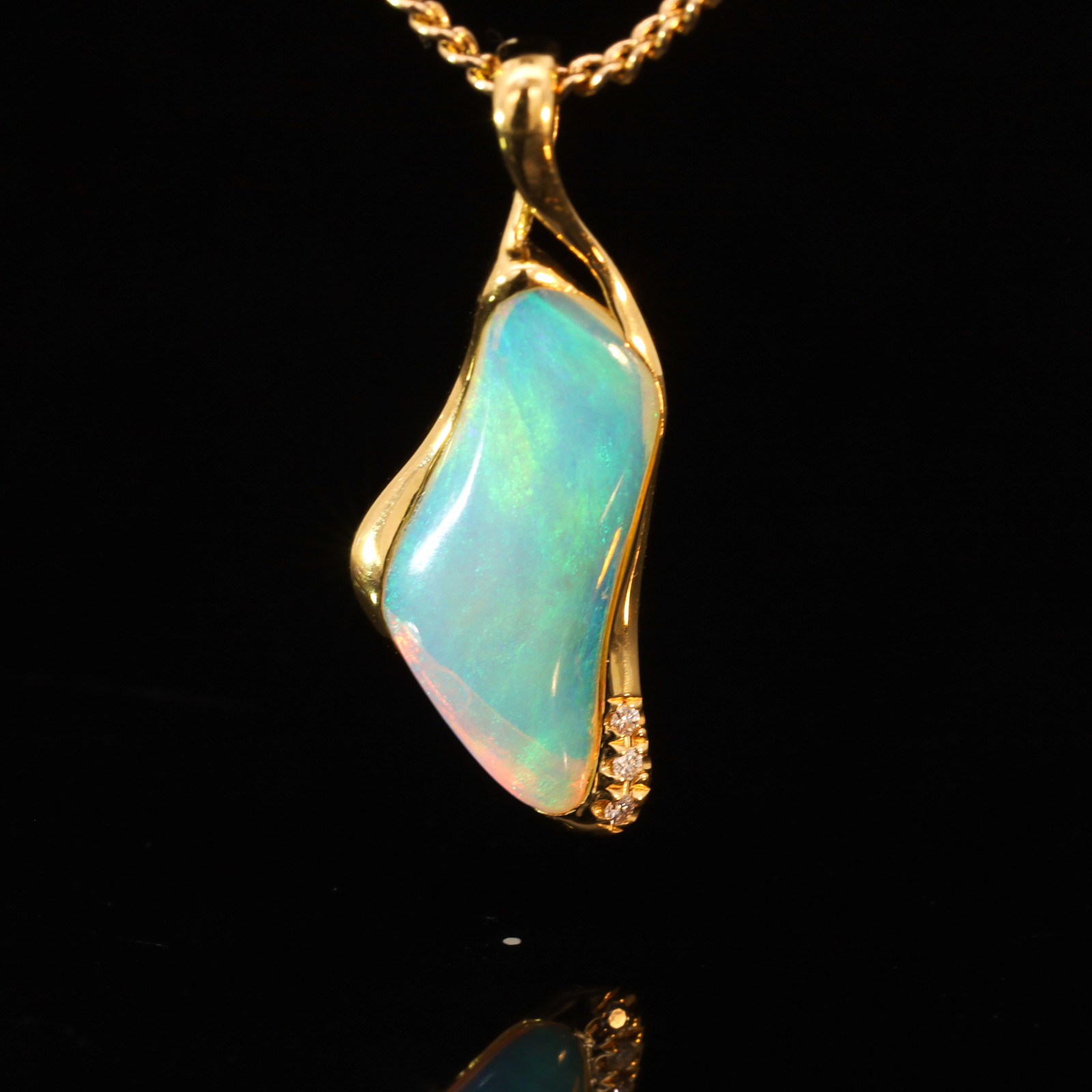 Yellow Gold Blue Green Crystal Opal and Diamond Pendant