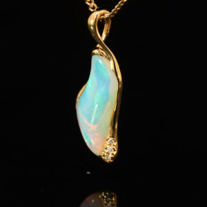 Yellow Gold Blue Green Crystal Opal and Diamond Pendant