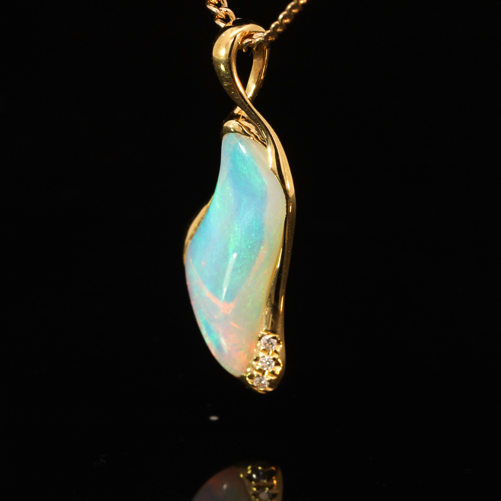 Yellow Gold Blue Green Crystal Opal and Diamond Pendant