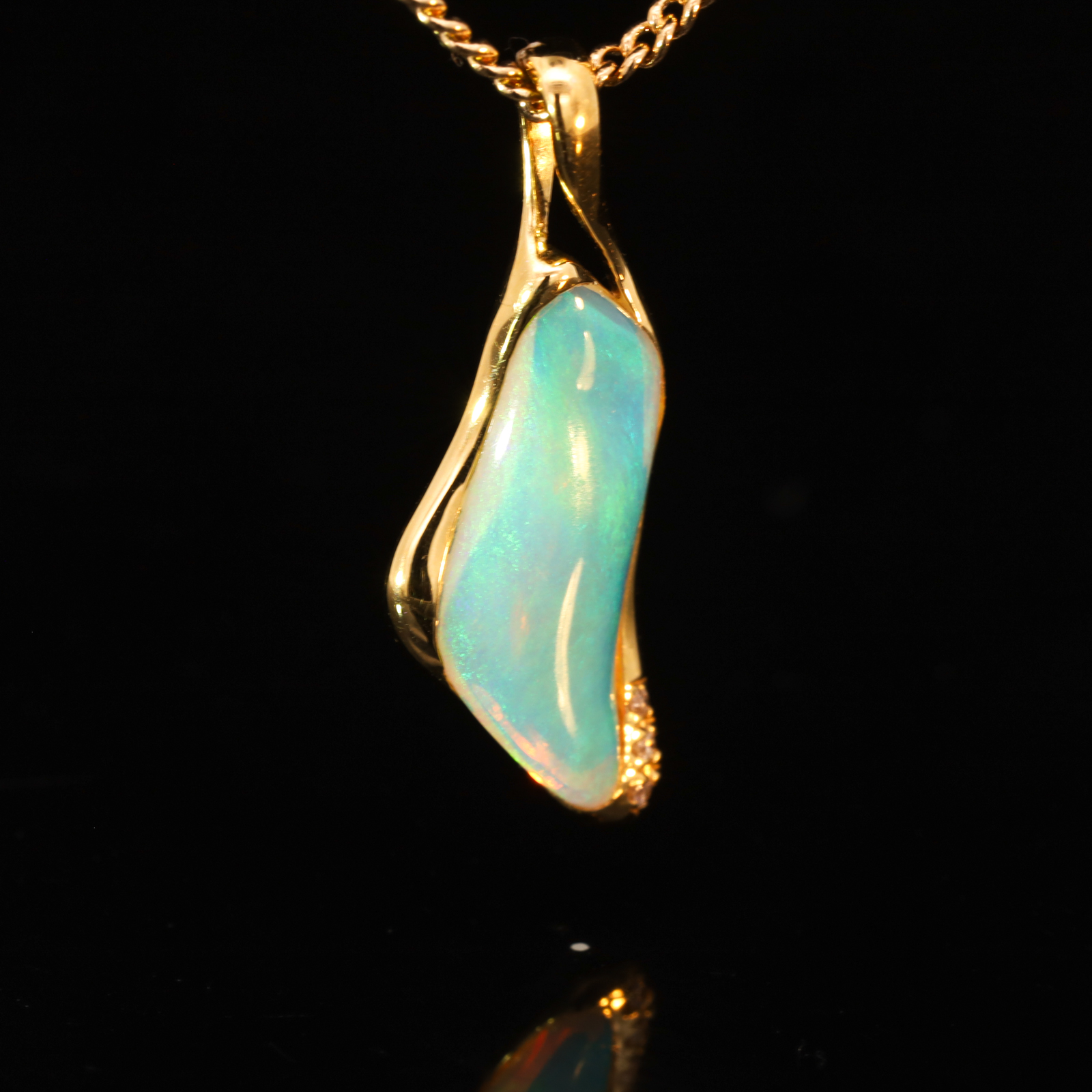 Yellow Gold Blue Green Crystal Opal and Diamond Pendant