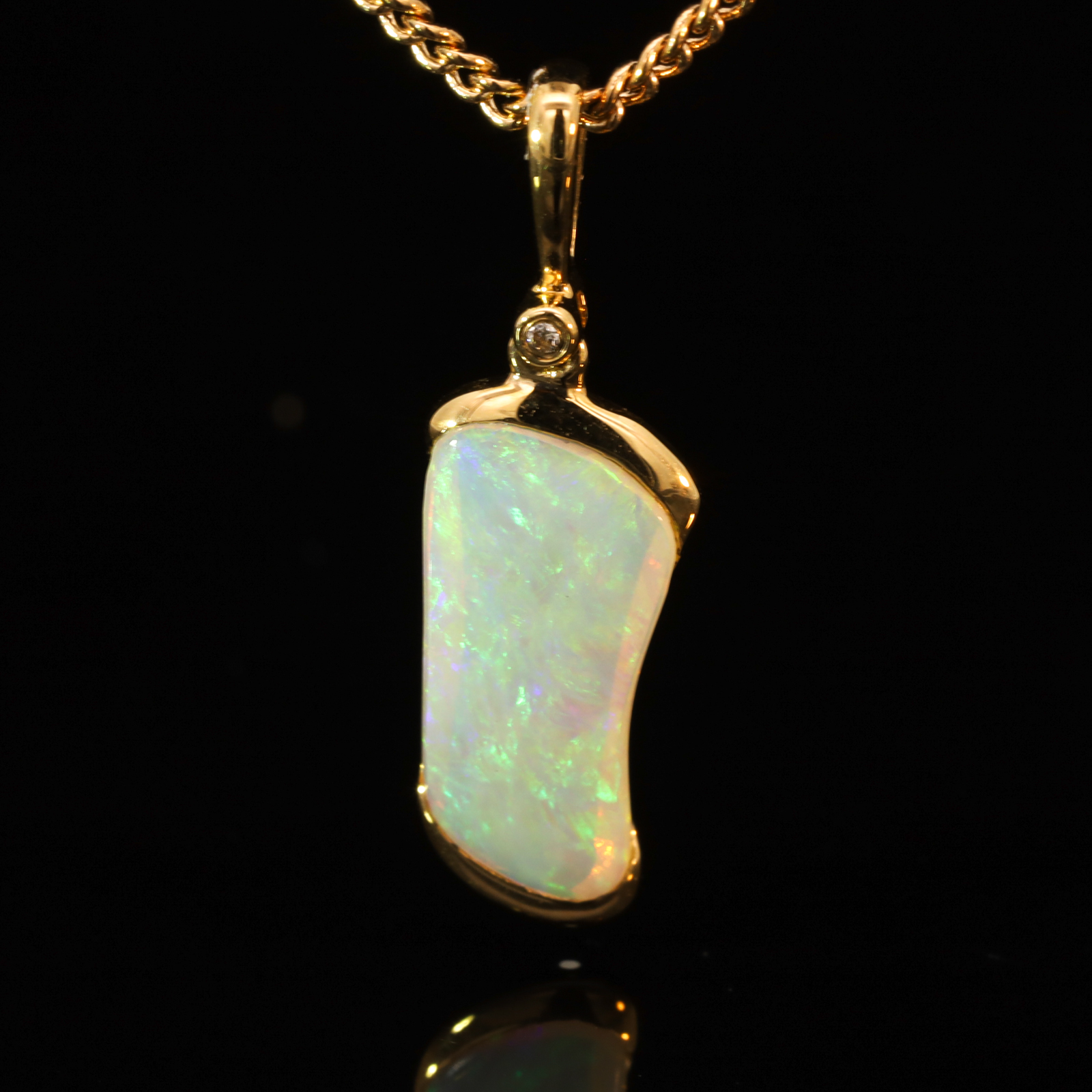 Yellow Gold Blue Green Crystal Opal and Diamond Pendant