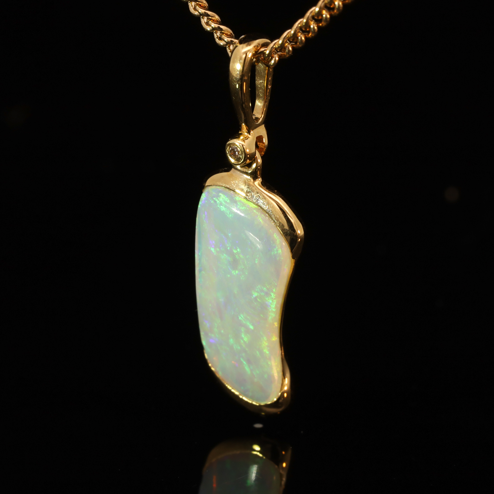 Yellow Gold Blue Green Crystal Opal and Diamond Pendant