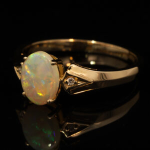 Yellow Gold Blue Green Yellow Orange Crystal Opal and Diamond Ring