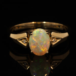 Yellow Gold Blue Green Yellow Orange Crystal Opal and Diamond Ring