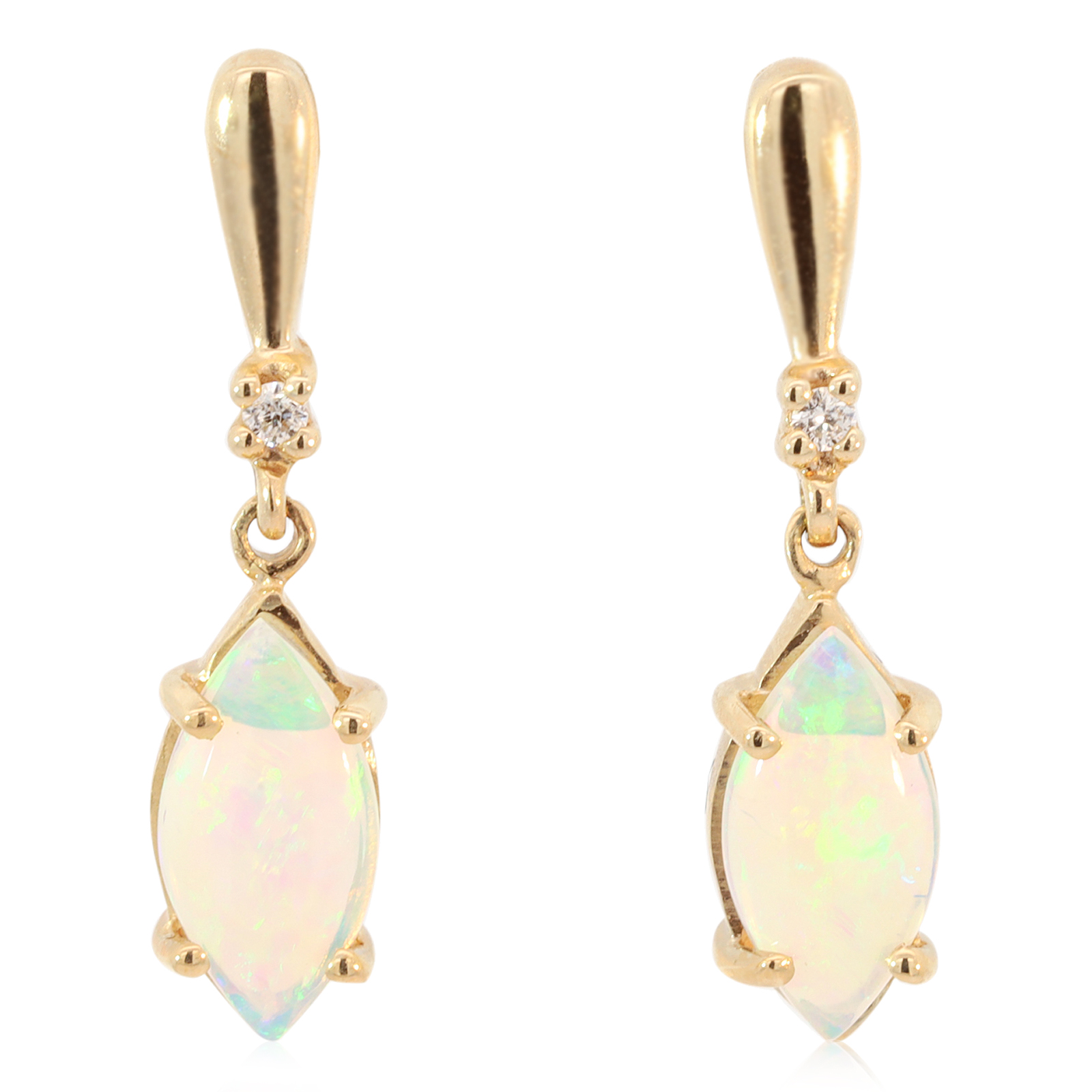 Yellow Gold Blue Green Yellow Crystal Opal and Diamond Earrings