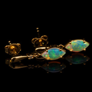 Yellow Gold Blue Green Yellow Crystal Opal and Diamond Earrings