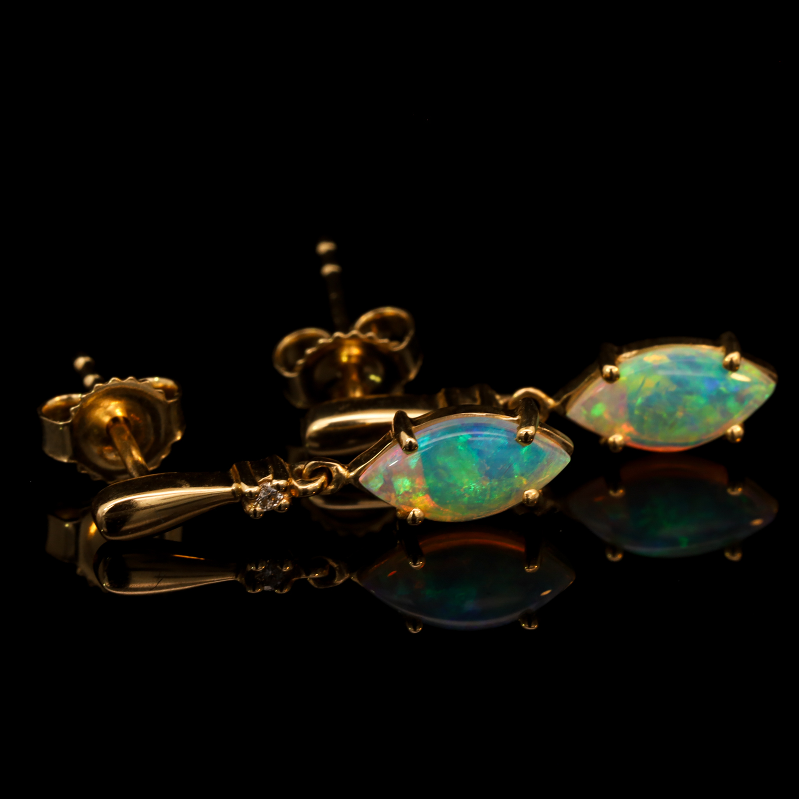 Yellow Gold Blue Green Yellow Crystal Opal and Diamond Earrings
