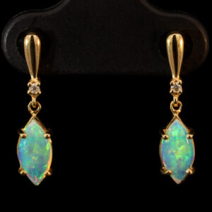 Yellow Gold Blue Green Yellow Crystal Opal and Diamond Earrings