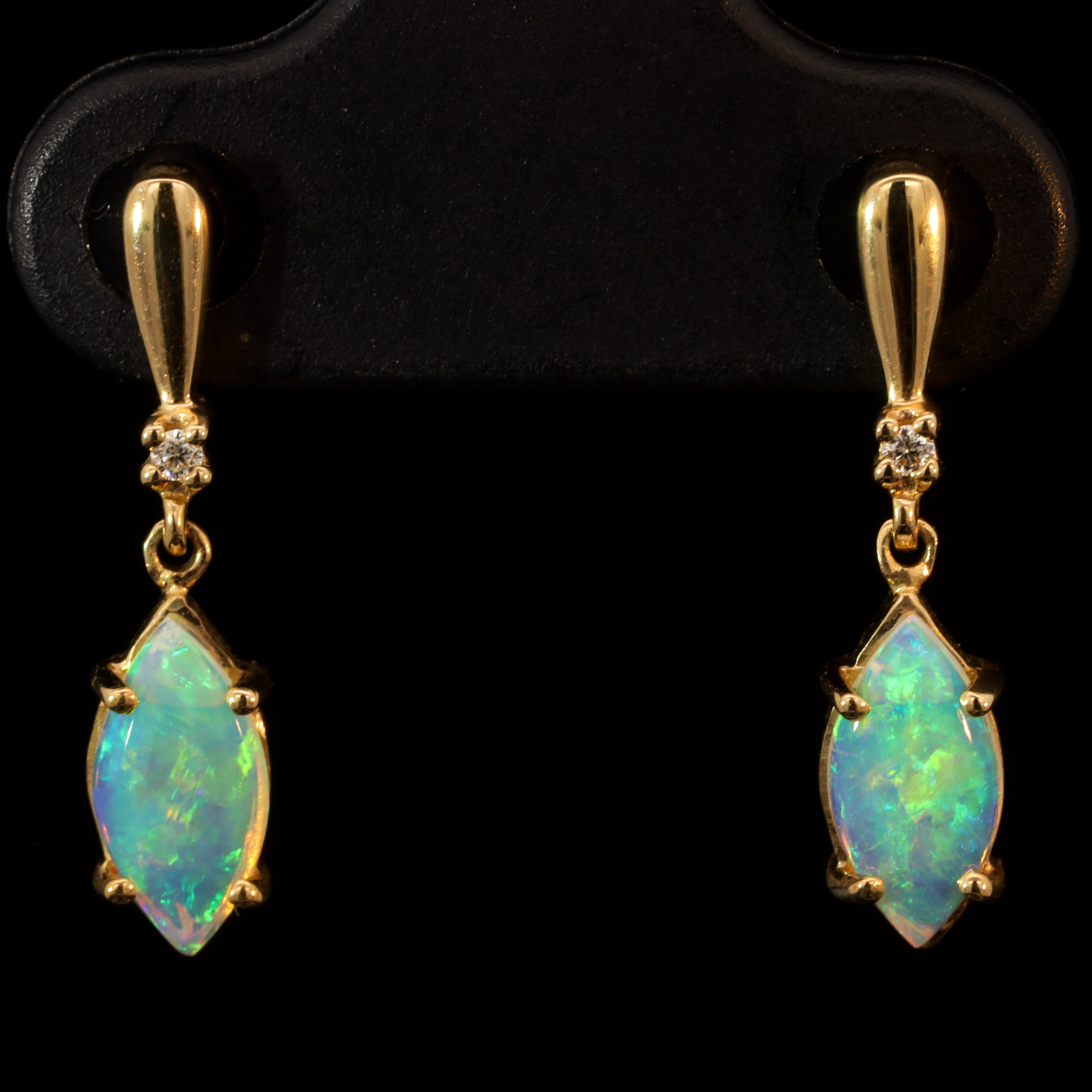 Yellow Gold Blue Green Yellow Crystal Opal and Diamond Earrings