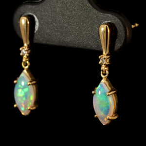 Yellow Gold Blue Green Yellow Crystal Opal and Diamond Earrings