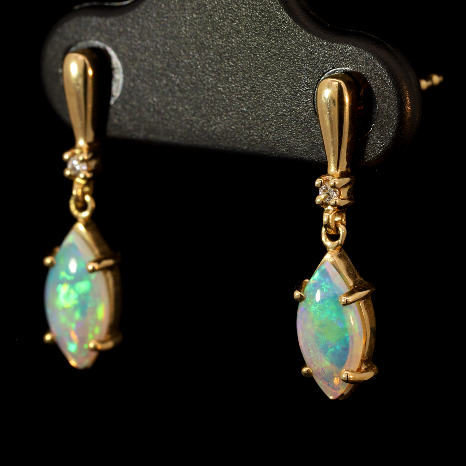 Yellow Gold Blue Green Yellow Crystal Opal and Diamond Earrings