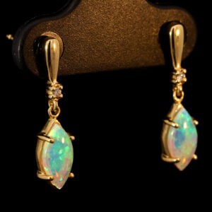 Yellow Gold Blue Green Yellow Crystal Opal and Diamond Earrings