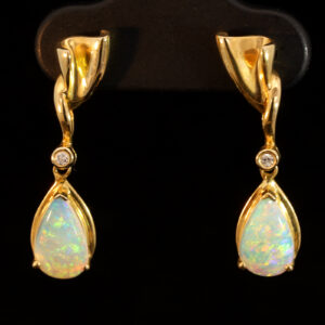 Yellow Gold Blue Green Yellow Orange Pink Crystal Opal and Diamond Earrings