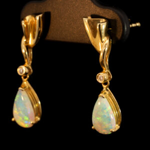 Yellow Gold Blue Green Yellow Orange Pink Crystal Opal and Diamond Earrings