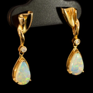 Yellow Gold Blue Green Yellow Orange Pink Crystal Opal and Diamond Earrings