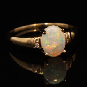 Yellow Gold Blue Green Yellow Orange Crystal Opal and Diamond Ring
