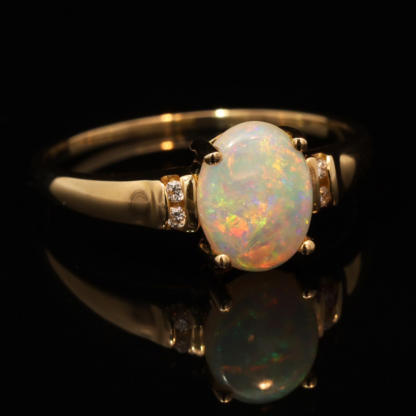 Yellow Gold Blue Green Yellow Orange Crystal Opal and Diamond Ring