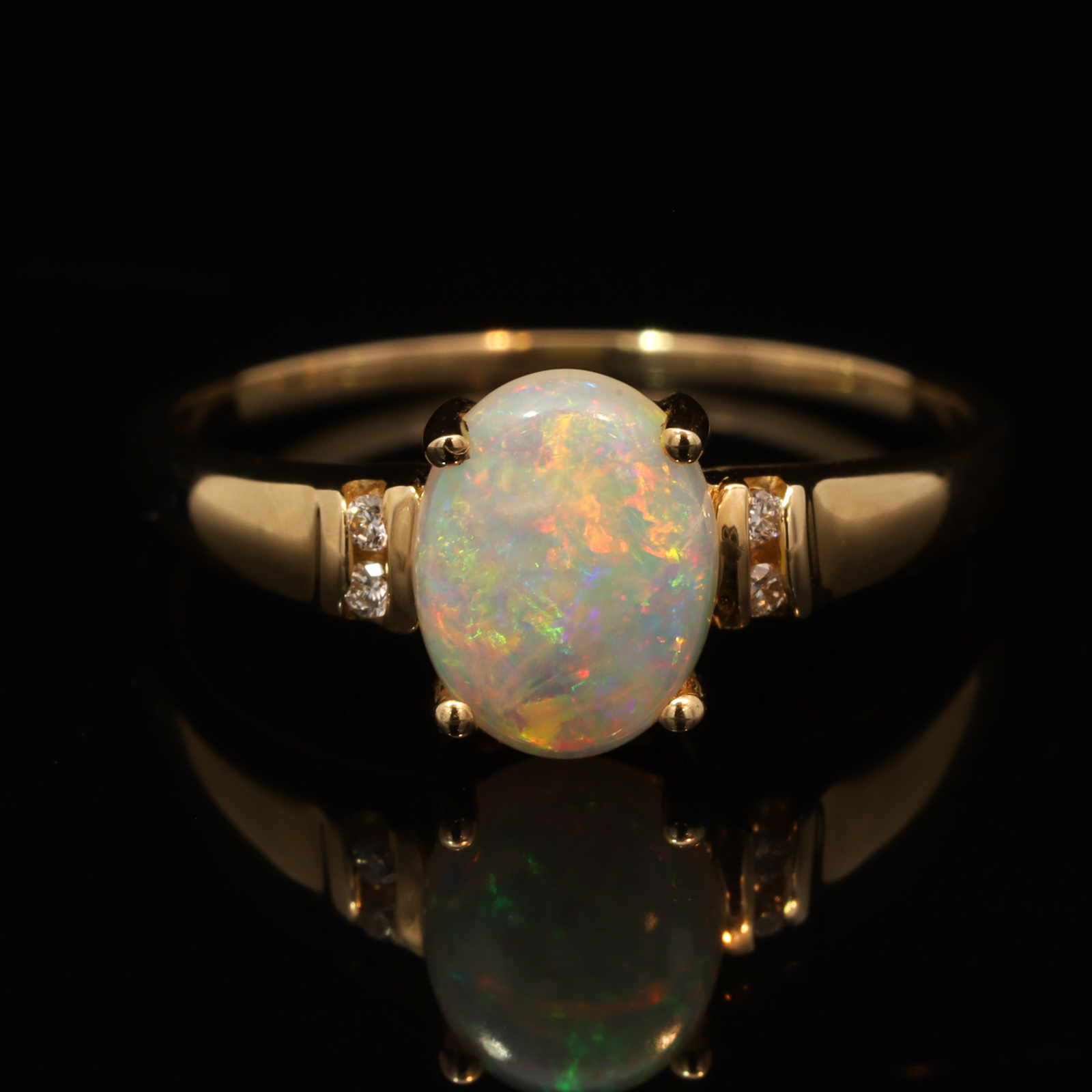 Yellow Gold Blue Green Yellow Orange Crystal Opal and Diamond Ring