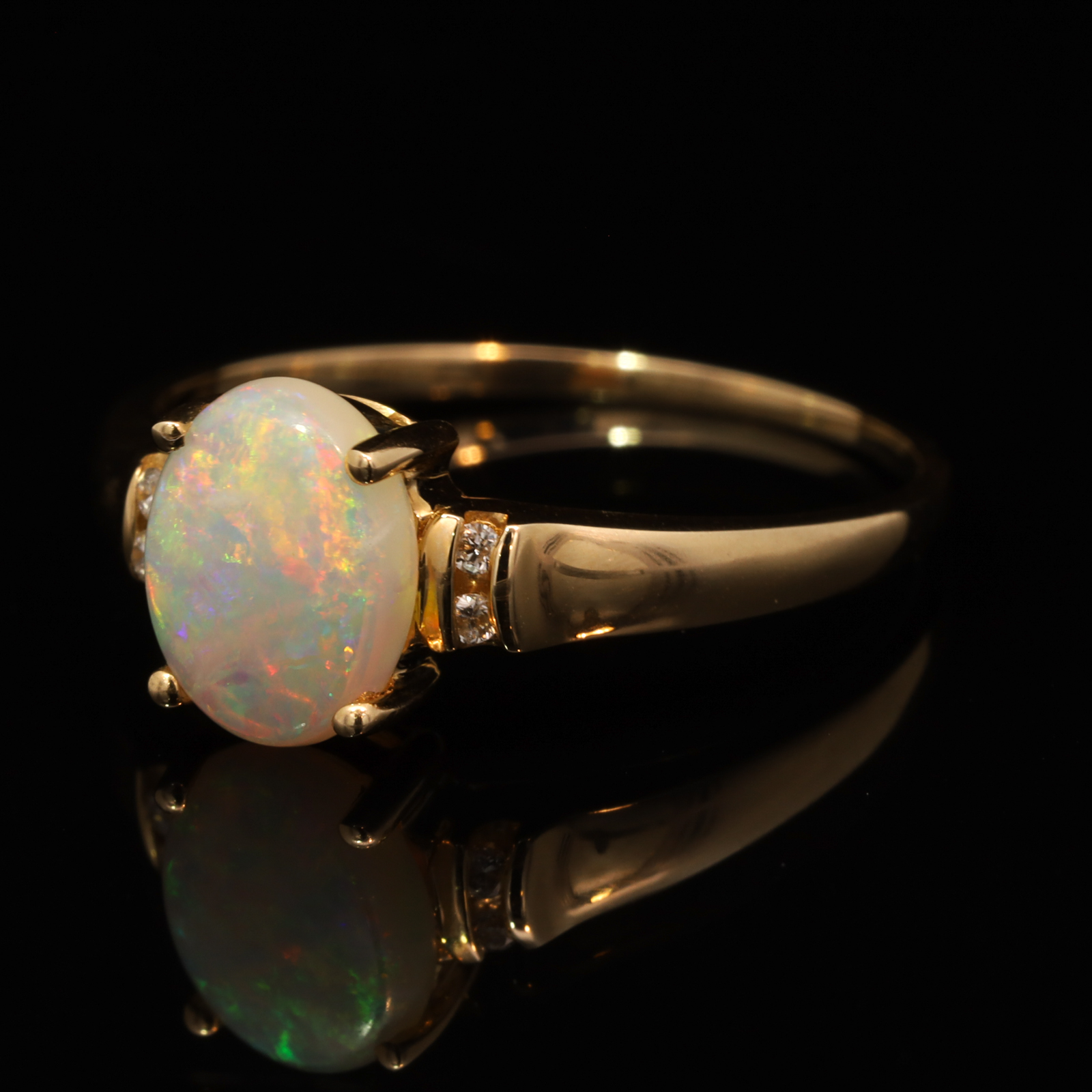 Yellow Gold Blue Green Yellow Orange Crystal Opal and Diamond Ring