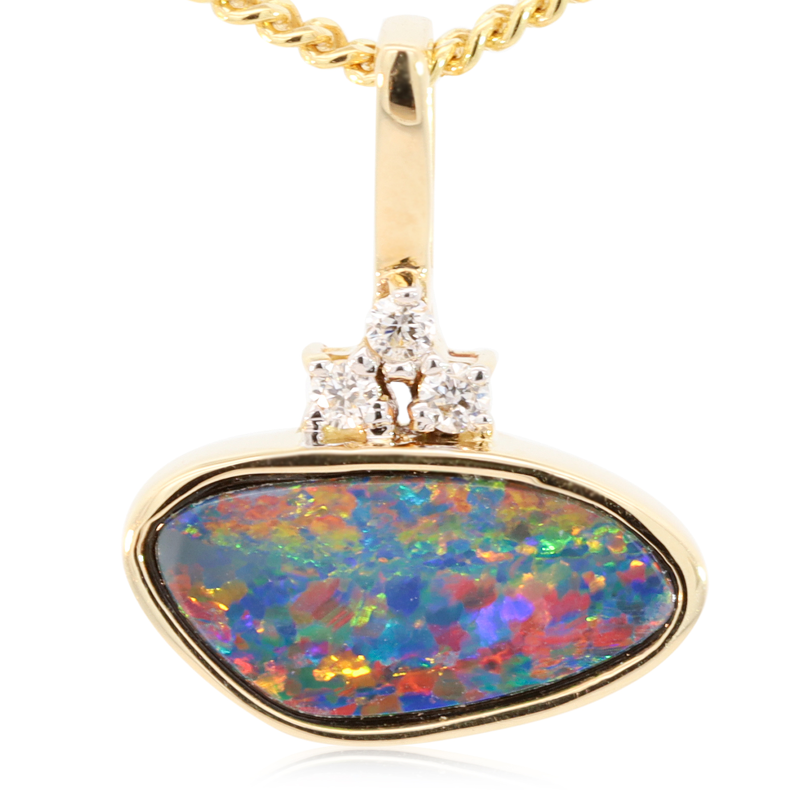 Yellow Gold Blue Green Yellow Orange Red Doublet Opal and Diamond Pendant