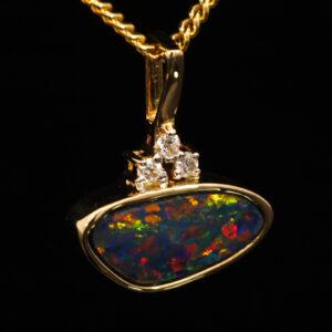 Yellow Gold Blue Green Yellow Orange Red Doublet Opal and Diamond Pendant