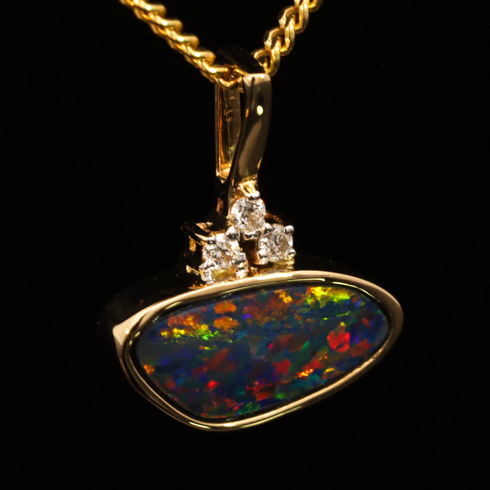 Yellow Gold Blue Green Yellow Orange Red Doublet Opal and Diamond Pendant