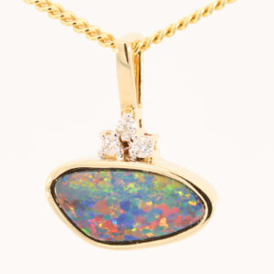 Yellow Gold Blue Green Yellow Orange Red Doublet Opal and Diamond Pendant