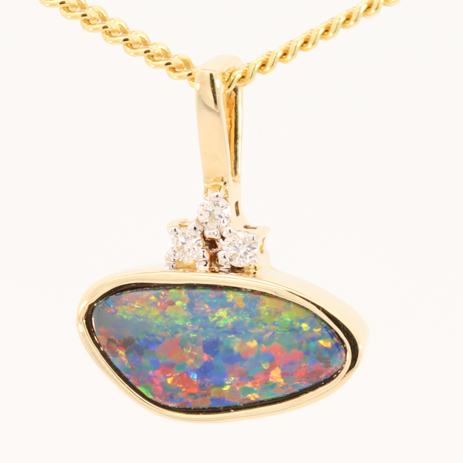 Yellow Gold Blue Green Yellow Orange Red Doublet Opal and Diamond Pendant