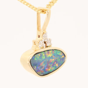 Yellow Gold Blue Green Yellow Orange Red Doublet Opal and Diamond Pendant