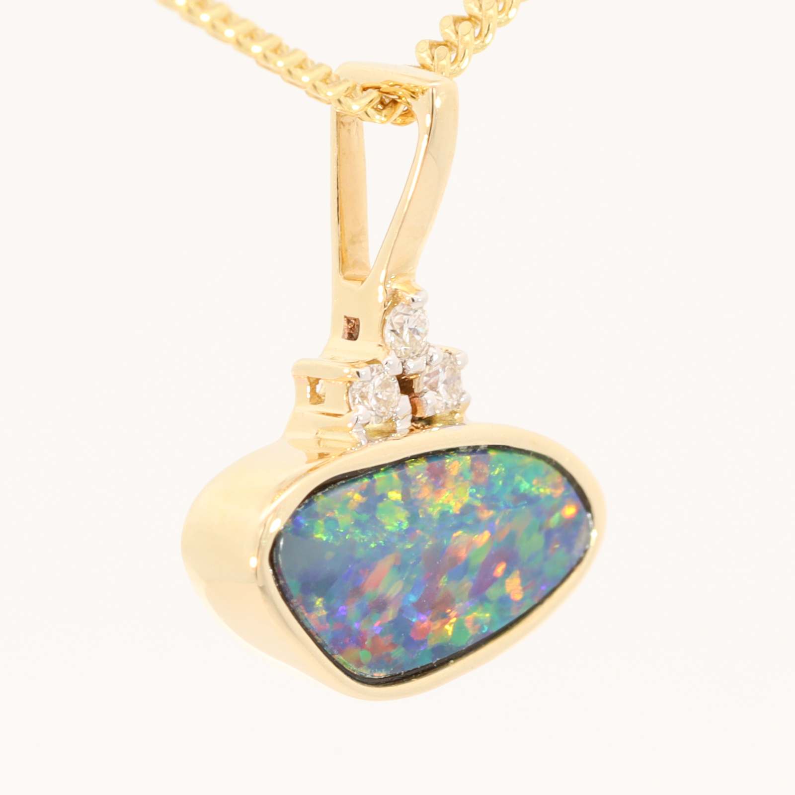 Yellow Gold Blue Green Yellow Orange Red Doublet Opal and Diamond Pendant