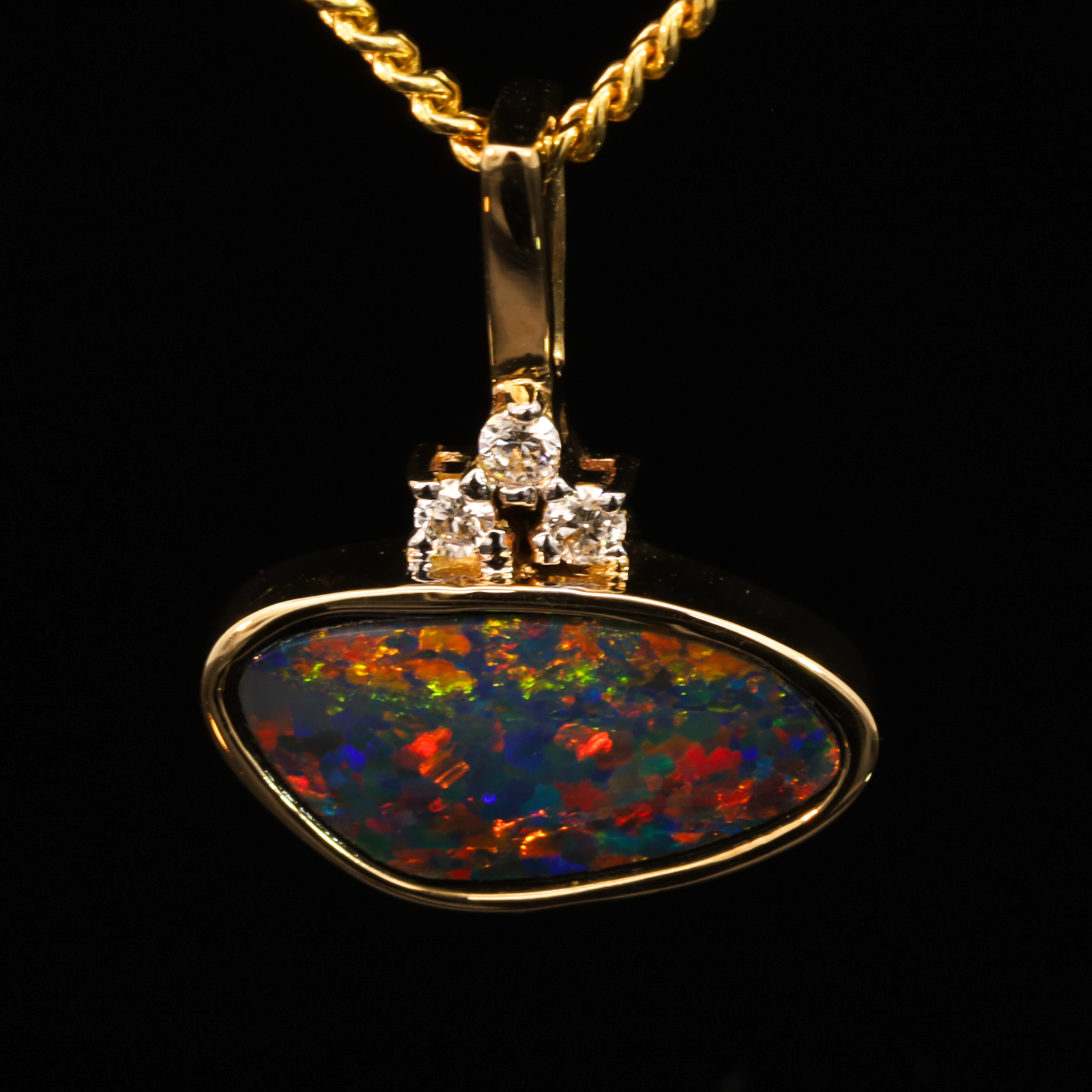 Yellow Gold Blue Green Yellow Orange Red Doublet Opal and Diamond Pendant