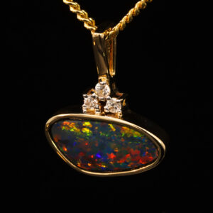 Yellow Gold Blue Green Yellow Orange Red Doublet Opal and Diamond Pendant