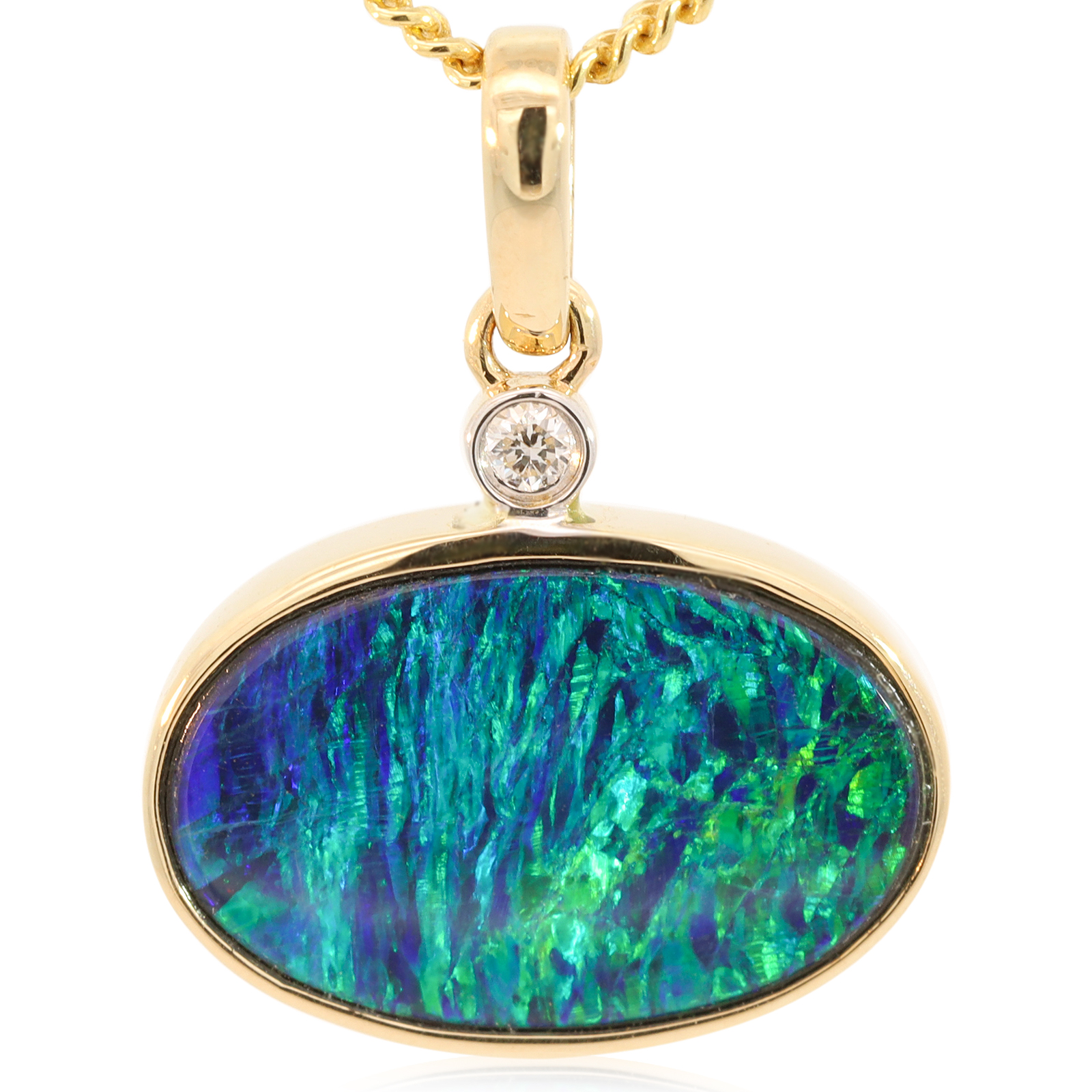 Yellow Gold Blue Green Doublet Opal and Diamond Pendant