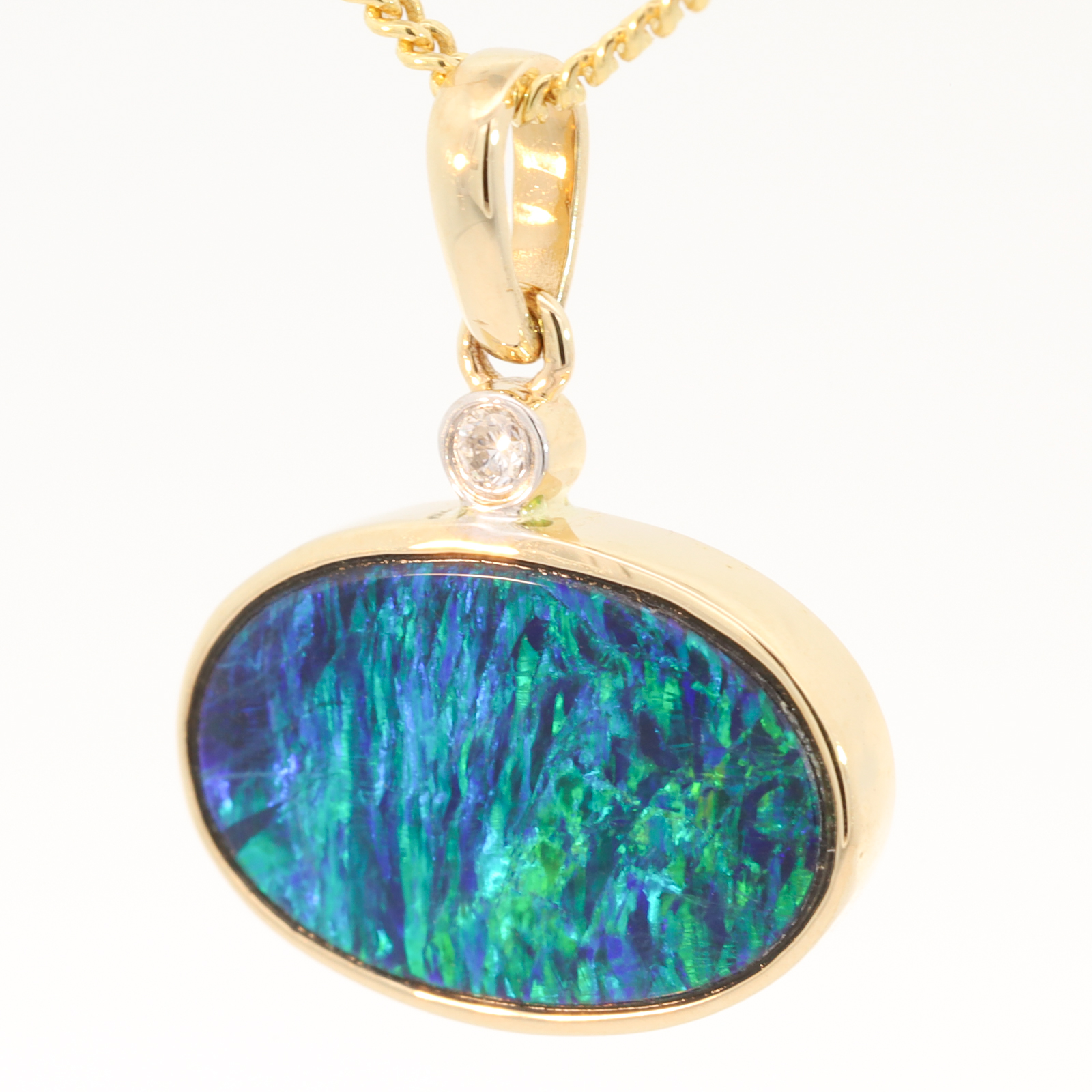 Yellow Gold Blue Green Doublet Opal and Diamond Pendant