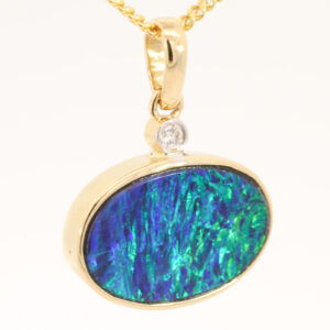 Yellow Gold Blue Green Doublet Opal and Diamond Pendant