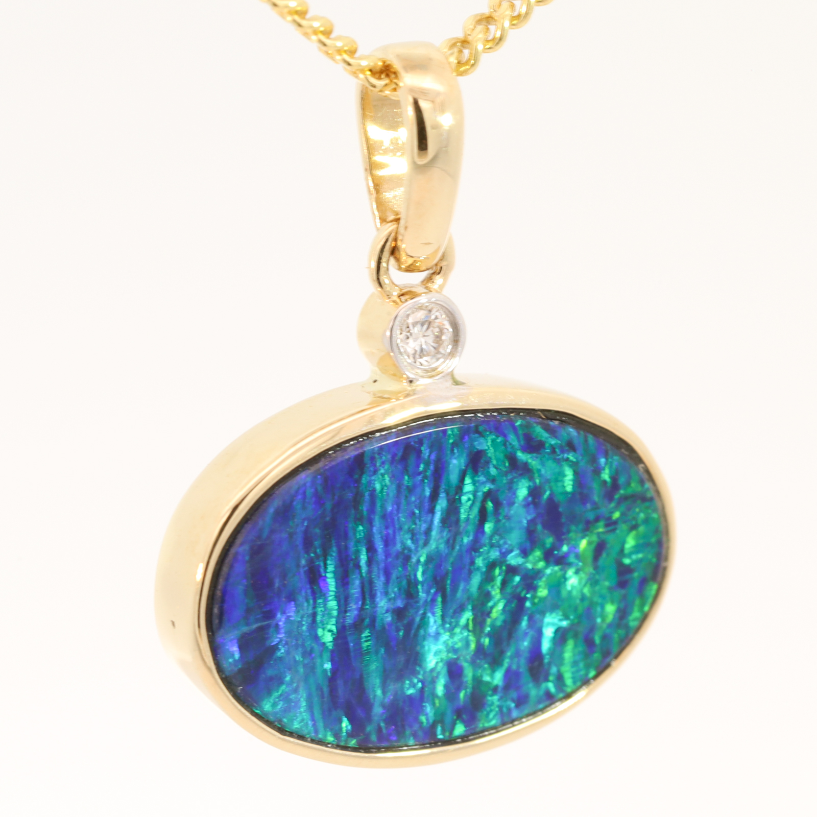 Yellow Gold Blue Green Doublet Opal and Diamond Pendant